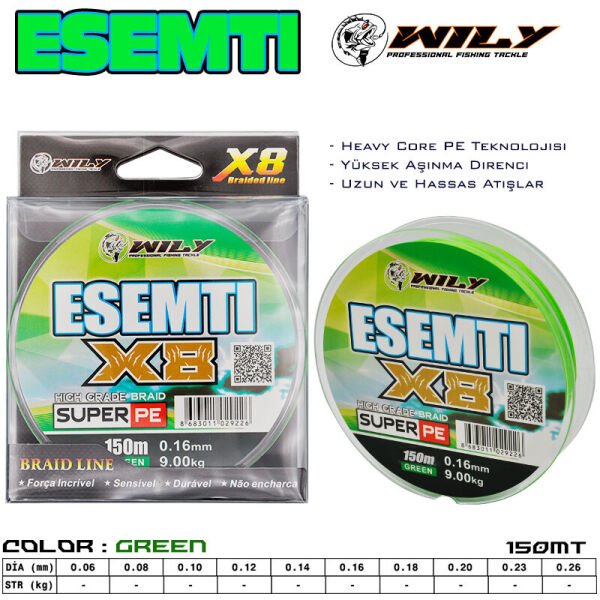 Wily Esemti 8 Kat İp Misina 150 mt Yeşil