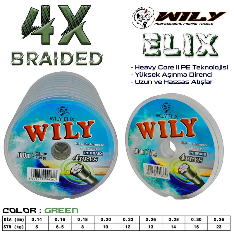 Wily Elix 4 Kat İp Misina Yeşil 100 Mt Devamlı 10 Adetli